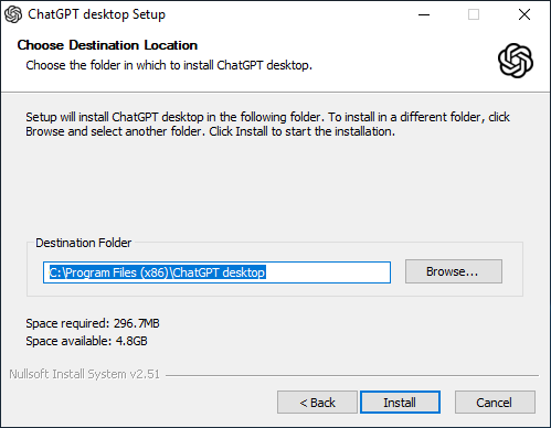 ChatGPT Desktop Install Path Selection