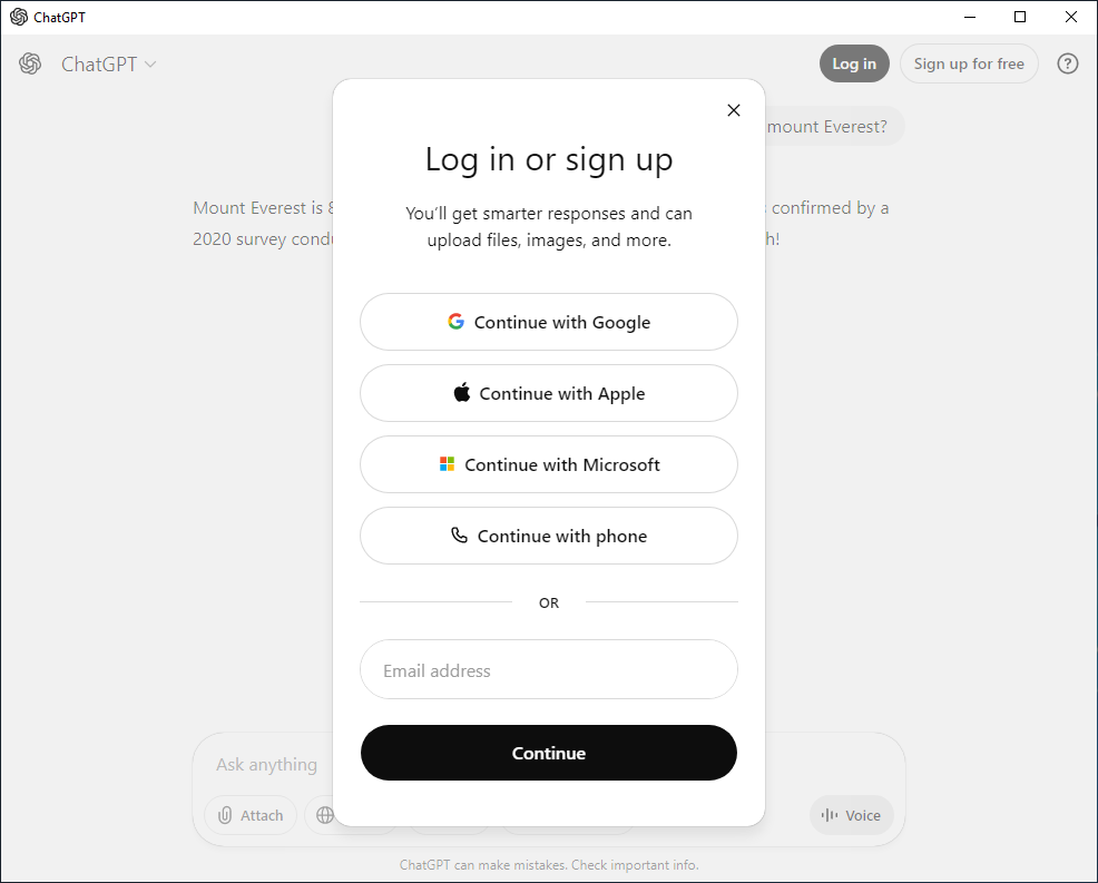 ChatGPT Desktop login screen