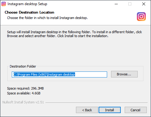 Instagram Desktop Install Path Selection