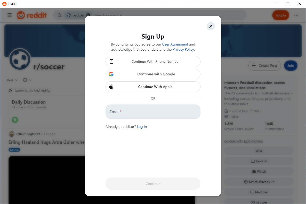 Reddit Desktop login screen