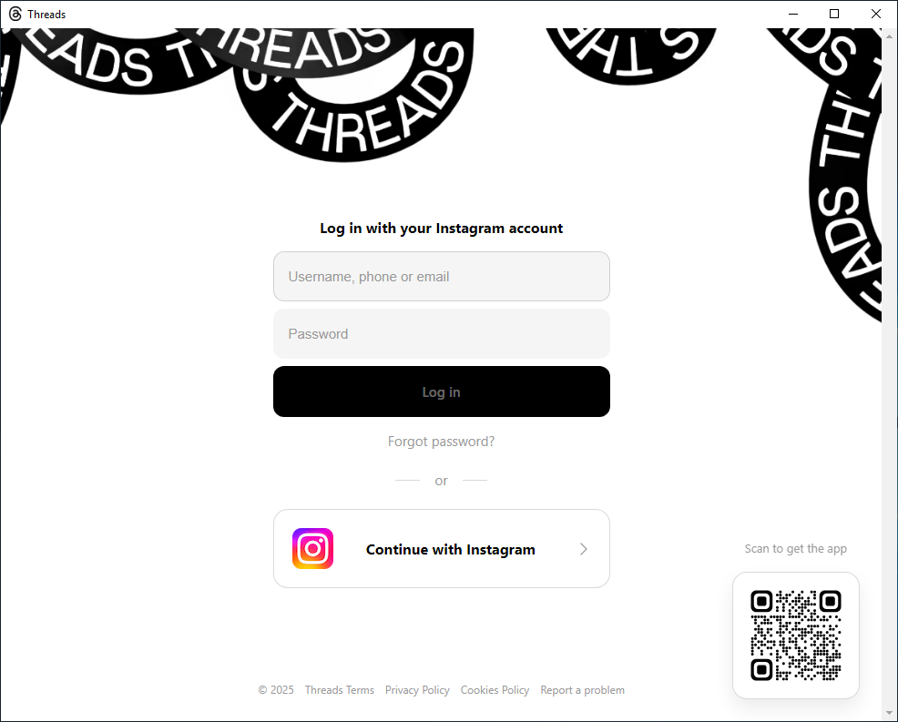 Threads Desktop login screen
