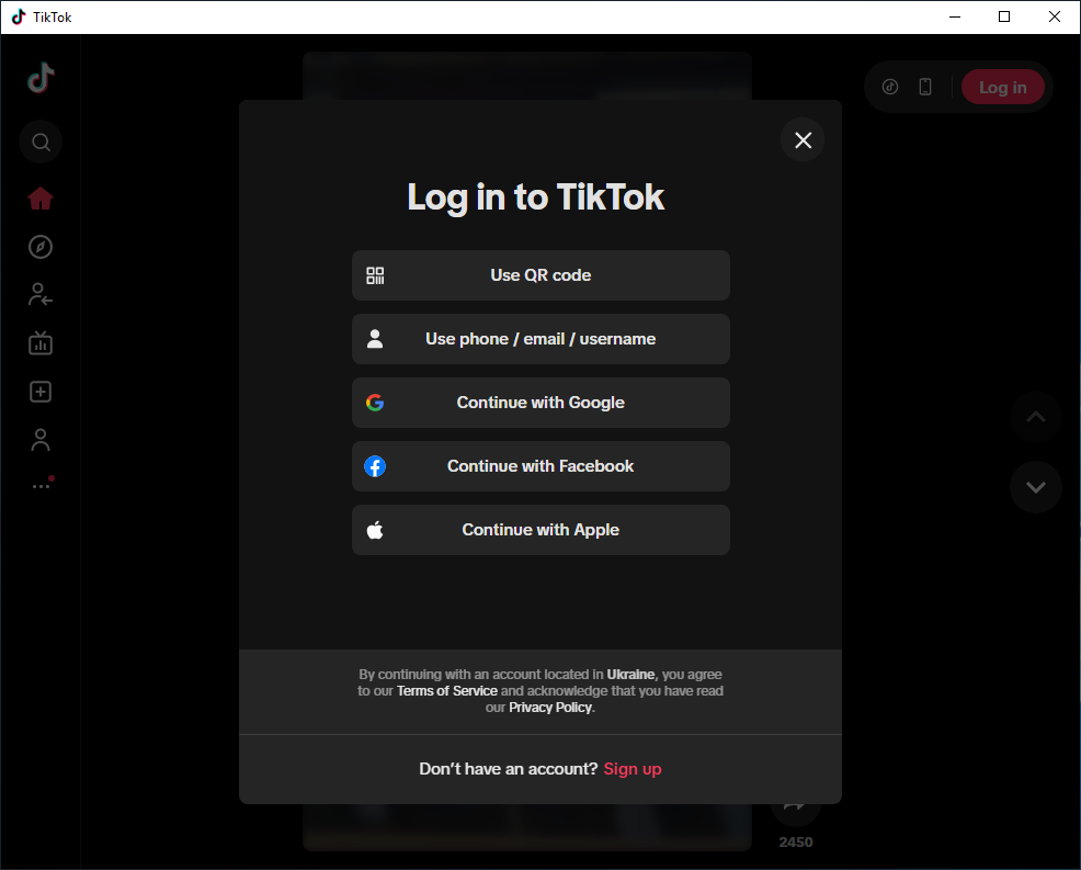 TikTok Desktop login screen