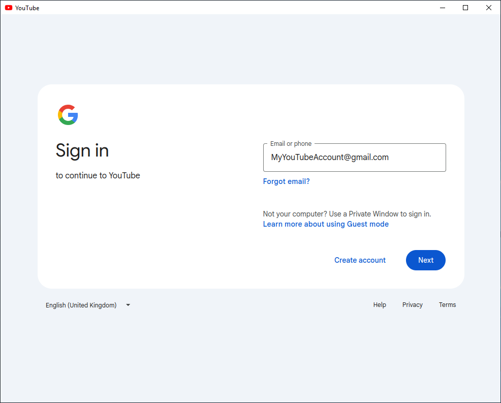 YouTube Desktop login screen